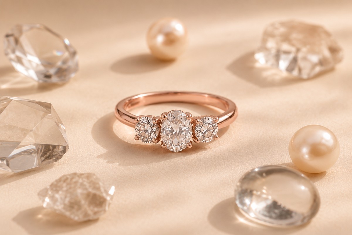 Bague trilogie en or rose sertie de trois diamants de synthèse, avec un diamant ovale central entouré de deux diamants ronds – Laveran Paris